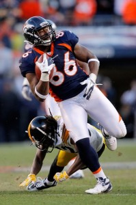 Daniel Fells #86 of the Denver Broncos runs the ball against William Gay #22 of the Pittsburgh Steelers during the AFC Wild Card Playoff game at Sports Authority Field at Mile High on January 8, 2012 in Denver, Colorado.  (Justin Edmonds/Getty Images)