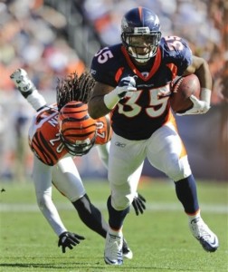 With starting running back Willis McGahee out, third year backs Knowshon Moreno and Lance Ball (pictured) could see a lot more carries.  (AP Photo/Jack Dempsey)