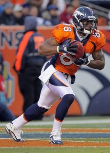 Demaryius Thomas #88 of the Denver Broncos receives a kick off against the Kansas City Chiefs at INVESCO Field at Mile High on November 14, 2010 in Denver, Colorado. The Broncos defeated the Chiefs 49-29.  (Photo by Doug Pensinger/Getty Images)