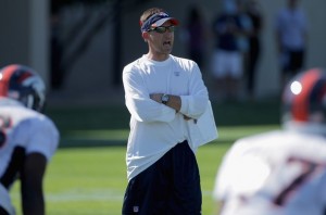 Dennis Allen, Defensive Coordinator of the Denver Broncos directs the defense during training camp at the Paul D. Bowlen Memorial Broncos Centre at Dove Valley on July 28, 2011 in Englewood, Colorado.  (Photo by Doug Pensinger/Getty Images)