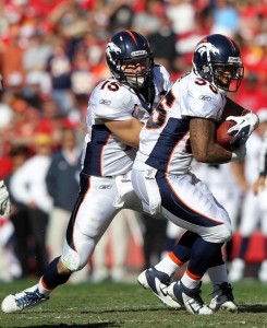 Quarterback Tim Tebow #15 of the Denver Broncos hands off to Lance Ball during the game against the Kansas City Chiefs on November 13, 2011 at Arrowhead Stadium in Kansas City, Missouri.  (Photo by Jamie Squire/Getty Ima