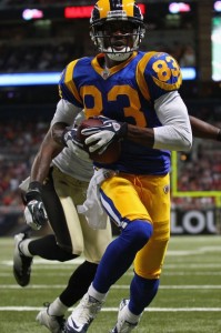 Brandon Lloyd #83 of the St. Louis Rams scores a touchdown against the New Orleans Saints at the Edward Jones Dome on October 30, 2011 in St. Louis, Missouri.  The Rams beat the Saints 31-21.  (Photo by Dilip Vishwanat/Getty Images)