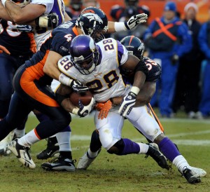 Vikings running back Adrian Peterson may not be able to play on Sunday.  (Photo by Steve Dykes/Getty Images)