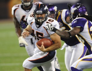 Broncos quarterback Tim Tebow will lead the team against the Vikings this week.   (Photo by Tom Dahlin/Getty Images)