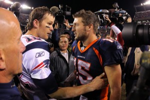 After the game, Patriots quarterback Tom Brady was heard telling Broncos quarterback Tim Tebow "we'll see you again." (Photo by Doug Pensinger/Getty Images)