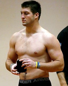 According to MuscleProdigy.com, Tebow bench presses over 480 pounds.
