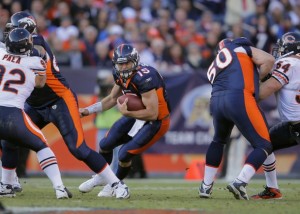 Tim Tebow #15 of the Denver Broncos runs the ball during the game against the Chicago Bears at Sports Authority Field at Mile High on December 11, 2011 in Denver, Colorado.  (Doug Pensinger/Getty Images)