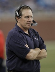 New England Patriots head coach Bill Belichick watches during an NFL preseason football game against the Detroit Lions in Detroit, Saturday, Aug. 27, 2011. (AP Photo/Paul Sancya)