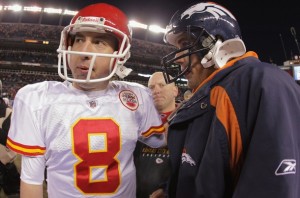 (L-R) Quarterbacks Kyle Orton #8 of the Kansas City Chiefs and Brady Quinn #9 of the Denver Broncos talk after the game as the Chiefs defeated the Broncos 7-3 at Sports Authority Field at Mile High on January 1, 2012 in Denver, Colorado.  (Photo by Doug Pensinger/Getty Images)