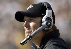 Jacksonville Jaguars head coach Jack Del Rio looks on from the sidelines during the fourth quarter of an NFL football game against the Pittsburgh Steelers on Sunday, Oct. 16, 2011, in Pittsburgh. The Steelers won 17-13. (AP Photo/Gene J. Puskar)