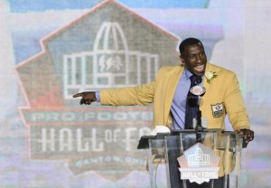 Shannon Sharpe delivers his induction speech during the Pro Football Hall of Fame Enshrinement Ceremonies at Fawcett Stadium in Canton, Ohio, on August 6, 2011. UPI / David Richard  Read more: http://www.upi.com/News_Photos/Sports/2011-Pro-Football-Hall-of-Fame-Enshrinement/5509/8/#ixzz1l3l3Tskq