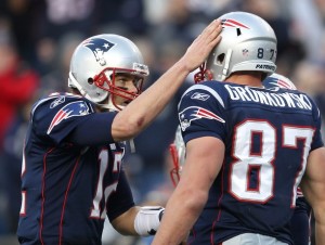 Tom Brady #12 of the New England Patriots celebrates with teammate Rob Gronkowski #87 of the New England Patriots after a touchdown against the Buffalo Bills in the second half at Gillette Stadium on January 1, 2012 in Foxboro, Massachusetts. (Jim Rogash/Getty Images)