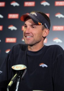 Denver Broncos defensive coordinator Dennis Allen answers questions from the media after the team's NFL football practice, Wednesday, Jan. 11, 2012, in Englewood, Colo. The Broncos are scheduled to play the New England Patriots in an AFC divisional playoff game on Saturday, Jan. 14 in Foxborough, Mass. (AP Photo/Barry Gutierrez)