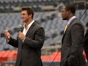 Broncos' Tim Tebow and Von Miller on Tuesday.  (Photo courtesy of John Leyba/The Denver Post)