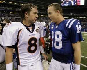 Indianapolis Colts quarterback Peyton Manning, right, talks with Denver Broncos quarterback Kyle Orton following thier NFL football game in Indianapolis, Sunday, Dec. 13, 2009. The Colts defeated the Broncos 28-16. (AP Photo/Michael Conroy)