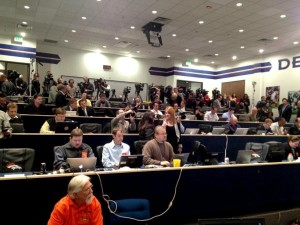 The media in Denver waits for Manning.  (Image courtesy of Lindsay Jones/Denver Post)