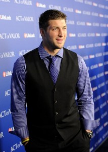 NFL Player Tim Tebow of the Denver Broncos arrives at the premiere of Relativity Media's "Act Of Valor" held at ArcLight Cinemas on February 13, 2012 in Hollywood, California.  (Photo by Jason Merritt/Getty Images for Relativity Media)