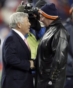 New England Patriots chairman and CEO Robert Kraft, left, shakes hands with Denver Broncos owner and CEO Pat Bowlen before an NFL divisional playoff football game between the Denver Broncos and the New England Patriots Saturday, Jan. 14, 2012, in Foxborough, Mass. (AP Photo/Charles Krupa)
