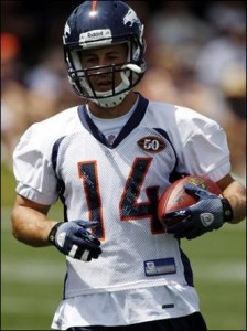 Brandon Stokley has attended four training camps in Dove Valley.  Will he make it five this summer?  (AP Photo/David Zalubowski)