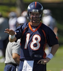 Denver Broncos quarterback Peyton Manning (18) talks to a receiver during minicamp at the NFL team's football training facility in Englewood, Colo., on Monday, May 21, 2012. (AP Photo/Ed Andrieski)