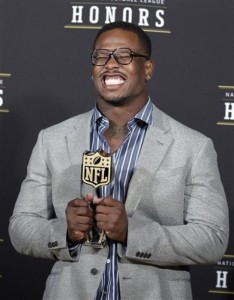 Denver Broncos' Von Miller reacts after receiving the AP Defensive Rookie of the Year during the inaugural NFL Honors show Saturday, Feb. 4, 2012, in Indianapolis.  (AP Photo/Darron Cummings)