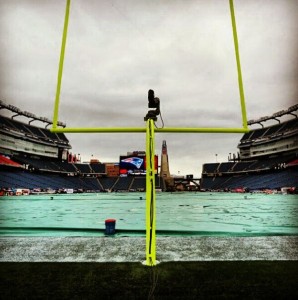The rain drizzled all morning and into the afternoon before the Denver Broncos received the kickoff from the New England Patriots (Image courtesy of DenverBroncos.com)
