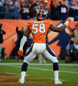 Von Miller celebrates a touchdown in early December when the Broncos faced the Tampa By Buccaneers. (Photo by Garrett W. Ellwood/Getty Images)